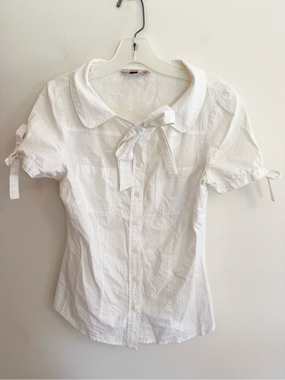 Valentino White Short-Sleeve Tie-Neck Button-Down Blouse